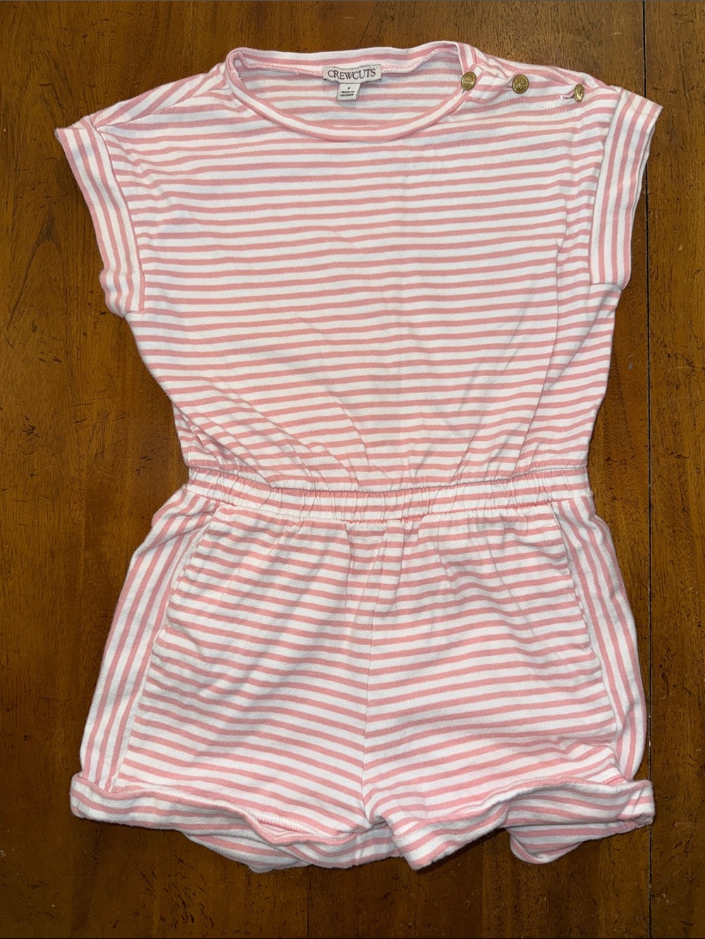 Crewcuts Pink & White Striped Cotton Romper with Shoulder Buttons